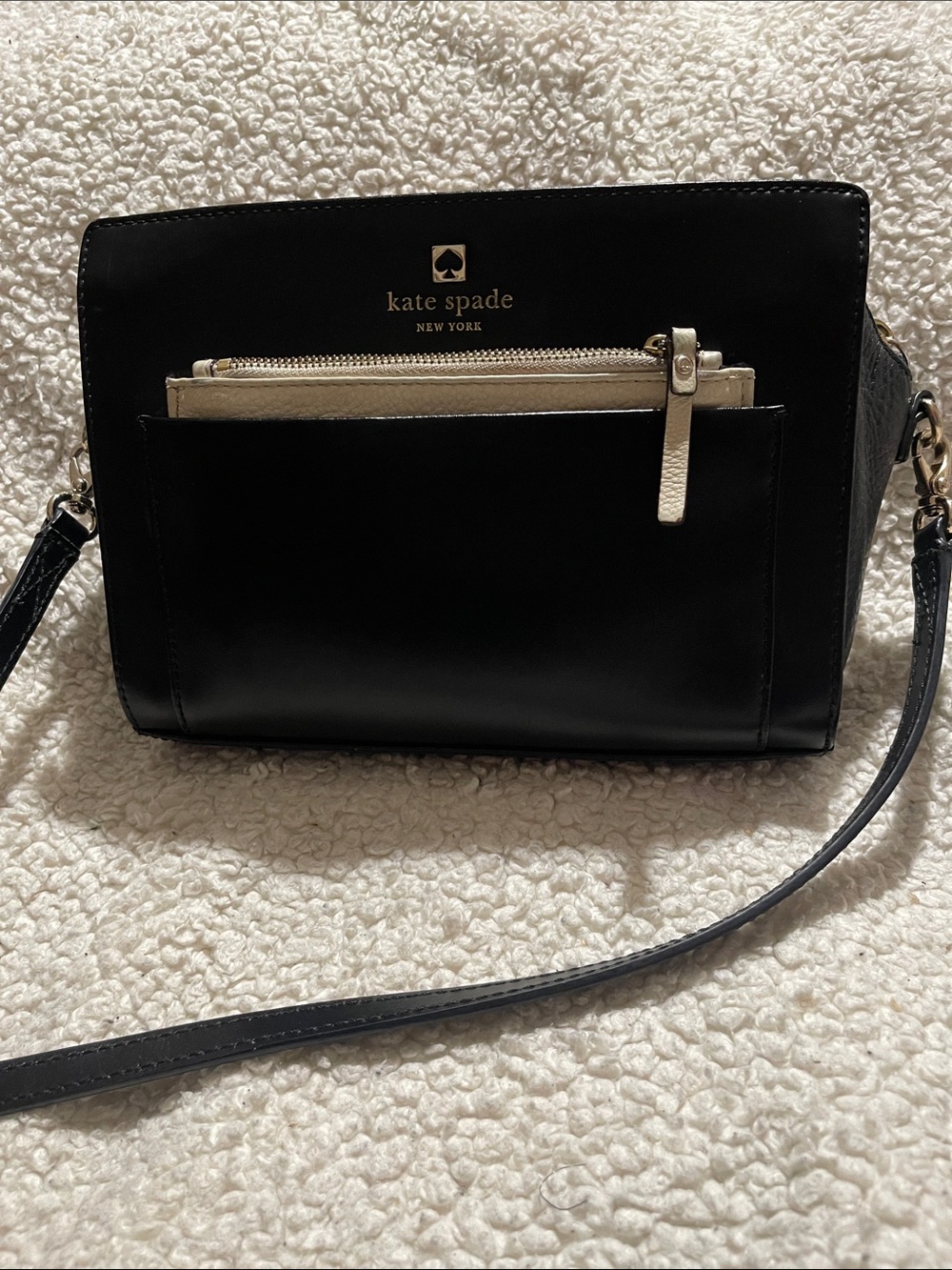 kate spade Black Leather Crossbody with Cream Zip Pocket Accent